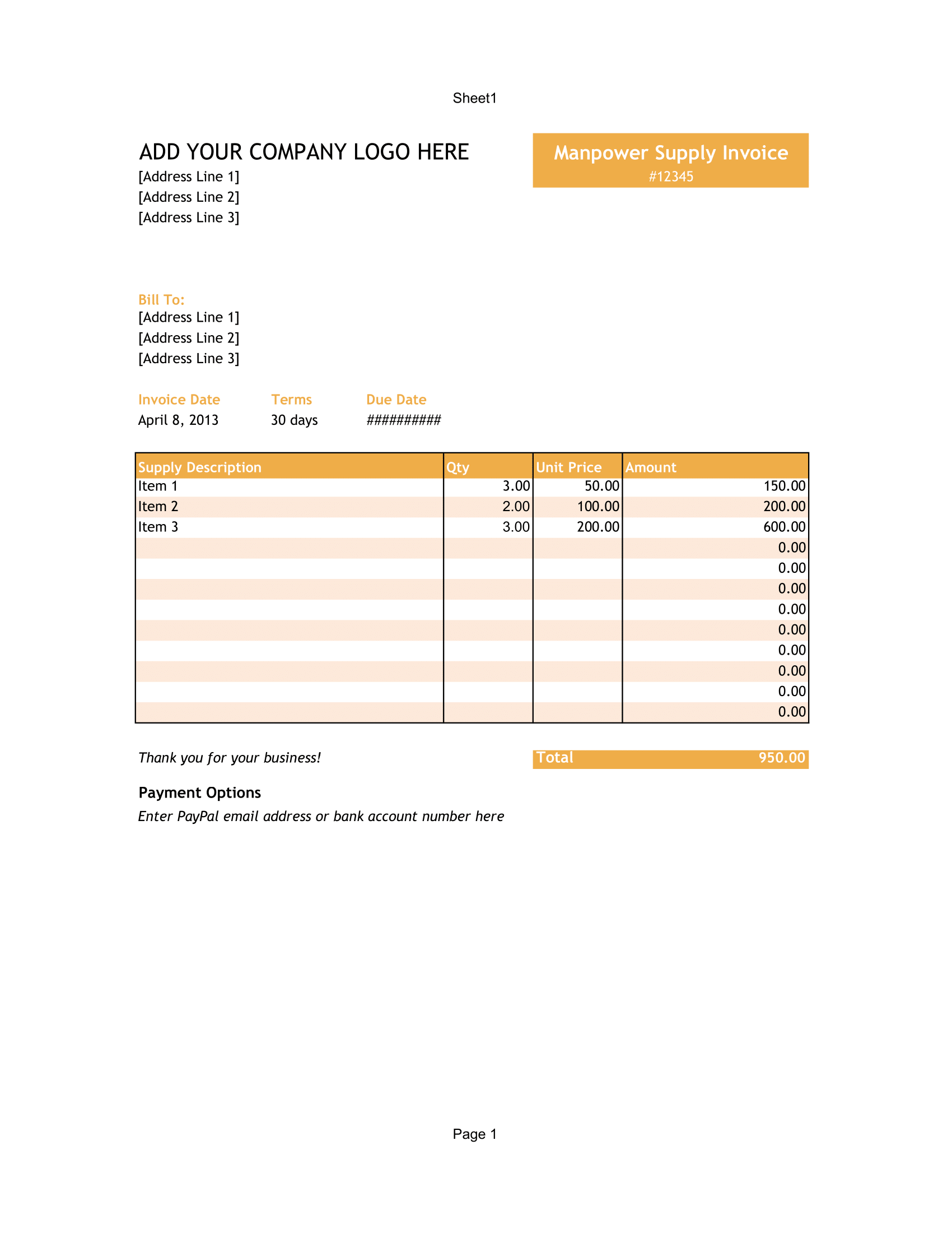 Manpower Supply Invoice Format in Excel and Spreadsheet