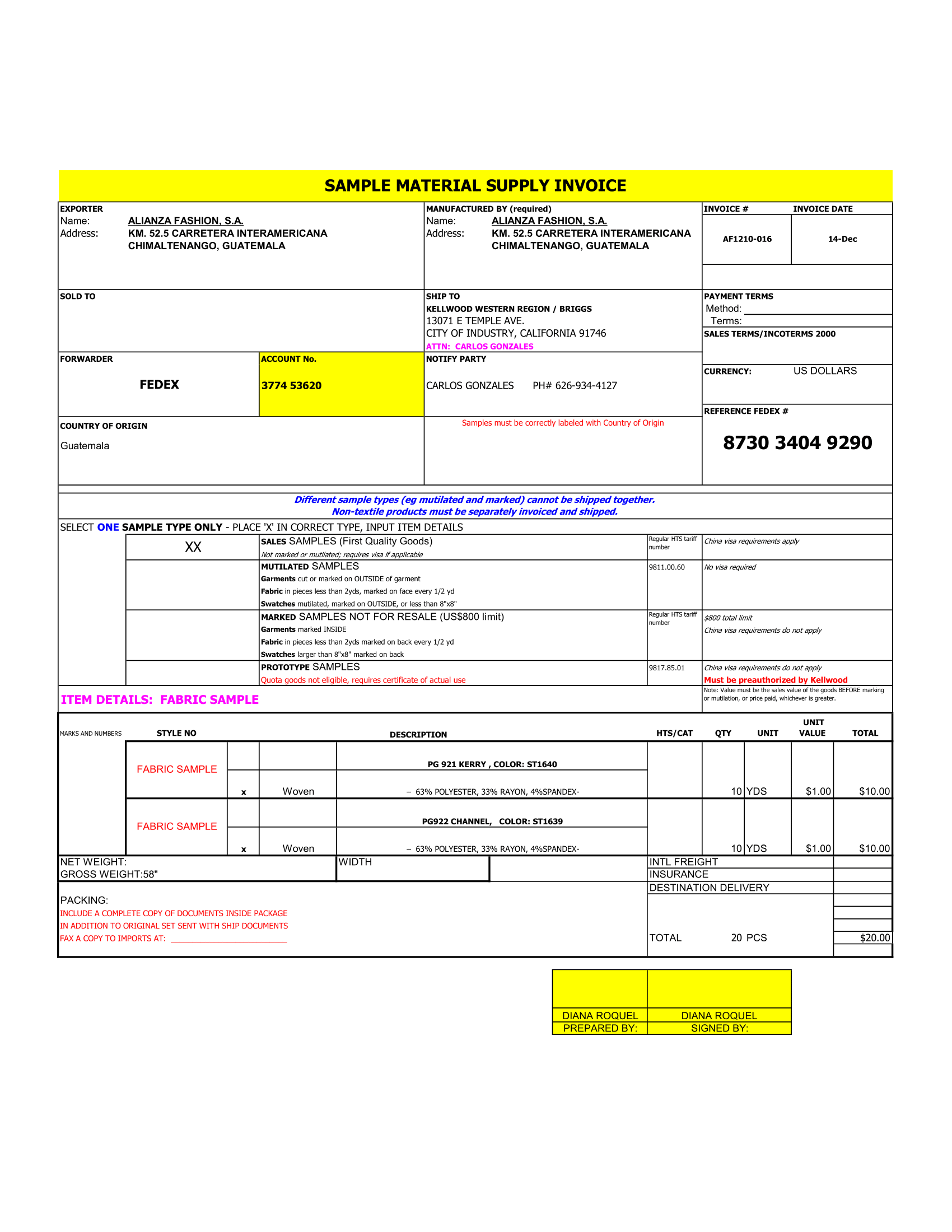 Sample Material Supply Invoice Template in Excel, Spreadsheet and Numbers