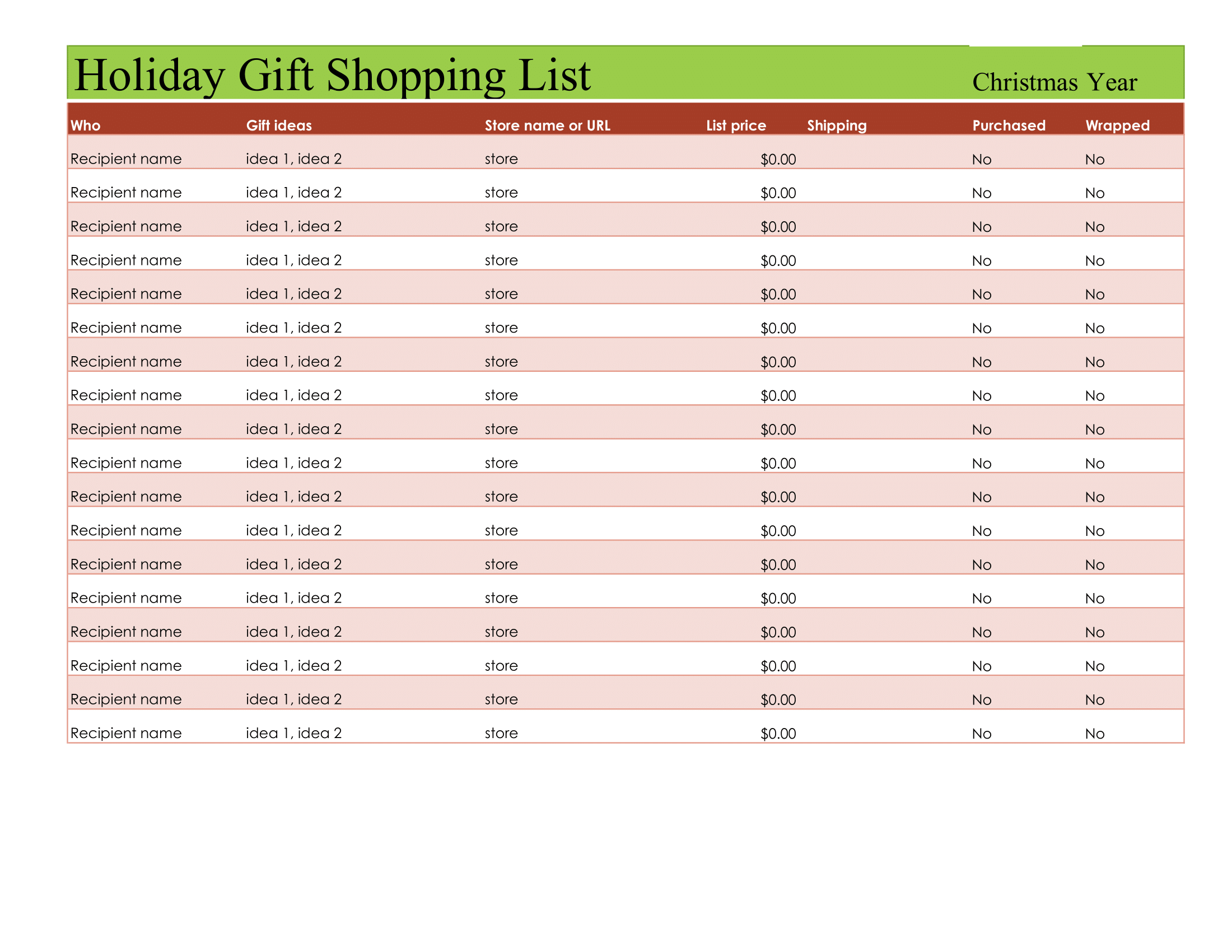 Holiday Gift Shopping List Excel Template
