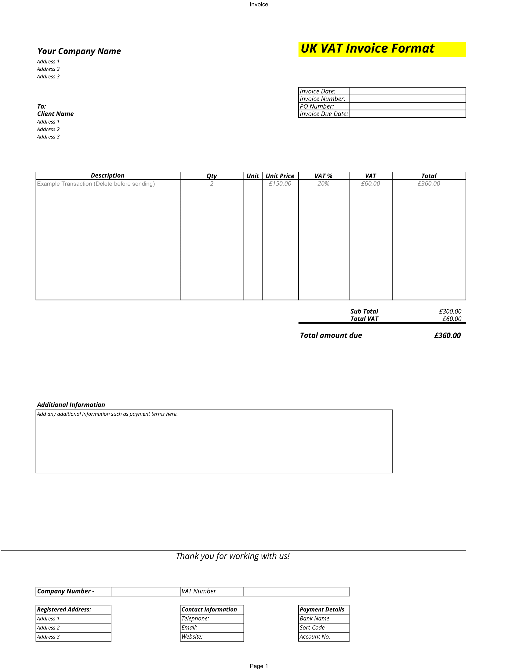 UK VAT Invoice Template for business and personal use.